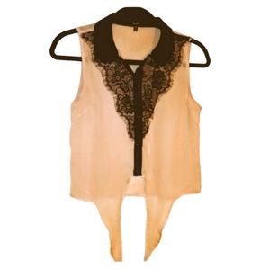 Love J Beige Blouse Sleeveless w/Black Lace Top sz S